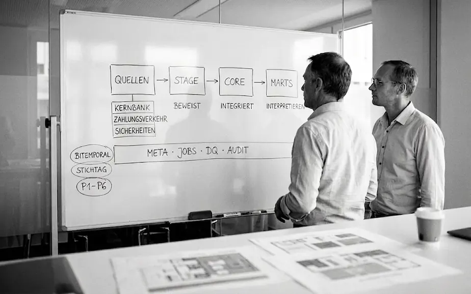 Whiteboard mit einer Zielarchitektur: Quellen (Kernbank, Zahlungsverkehr, Sicherheiten), Stage, Core und Marts, darunter Metadaten, Jobs, DQ und Audit